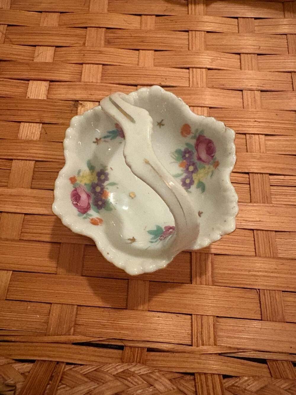 Vintage Made In Japan Porcelain Miniature Floral Basket Nut Candy Dish